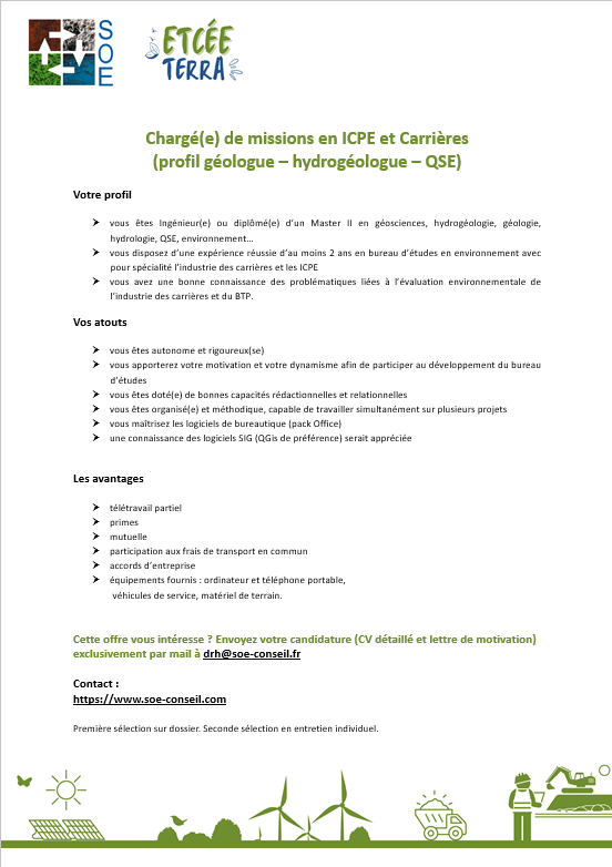 offre emploi chargé de missions en environnement ICPE carrières